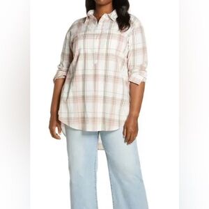 NWT Caslon Plaid Long Sleeve Cotton Shirt - Tan Pink Plaid - Size XXL